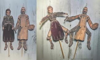 Victorian Jumping Jack dolls featuring a man and a woman