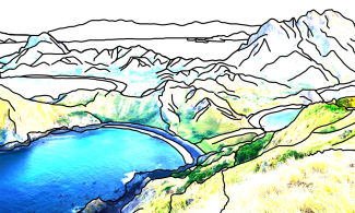 Komodo island illustration. Showing a bay to the left and mountainous ground to the right