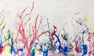 Painting of a reef using blown water colour paints to create 'tree-like' shapes