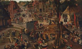 Painting of villagers enjoying a village festival, with religious procession and theatrical performance.