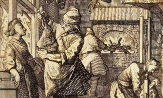 Engraving depicting 17th century kitchen interior with roasting meats