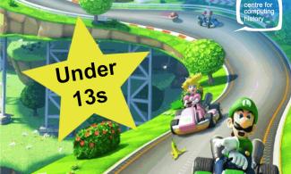 Screen shot from Mario Kart game showing 2 characters racing