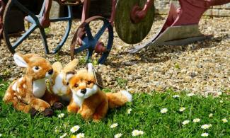 Soft toys sitting on grass in front of farming machinery