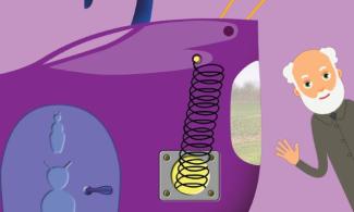 Illustration of a purple time machine, shaped like a beetle, and a man with white hair waving