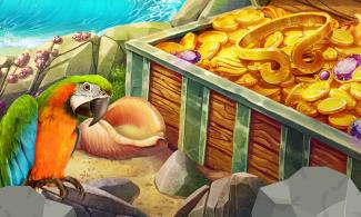 Coloured illustration featuring a parrot beside a chest of gold coins