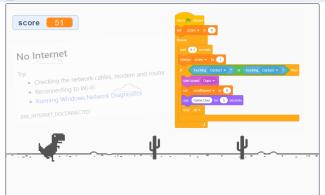 Screen shot from Rex Runner showing T-rex pixelated graphic and error message