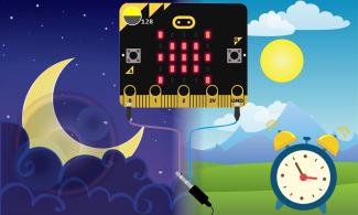 Illustrated image of night and day with a micro:bit in the middle