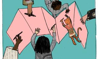 Cartoon illustration of 'zig-zag' style book with children and a cat writing in its pages