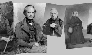 black and white photos of three men and two women wearing 19th century clothing