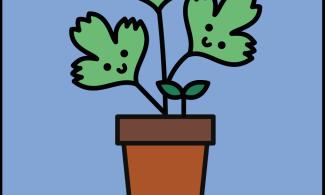 An illustration of a potted plant with smiley faces on each of the three leaves. Underneath it says 'Herb Planting, Saturday 1st June'