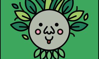 An illustration of a boggart with leaves for hair, with writing underneath that says 'Leaf Boggarts, Sat 4th May'