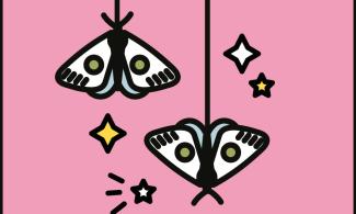 An illustration of two moths hanging from a branch. Underneath it reads 'Moth Mobiles, Saturday 6th July'.
