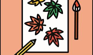 An illustration of a piece of paper with leaves on, and a paintbrush and pencil next to it. Underneath it reads 'Plant Prints', Saturday 6th January.