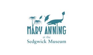 the words Mary Anning surounded by palm trees and an ichthyosaur