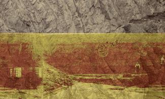 A photograph of two 19th century quarry workers standing in front of a quarry face, repeated three times with a gold and copper filter. The top third of the image is black and white