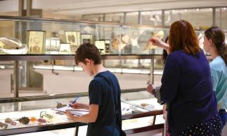A photograph of three people stood in front of glass cases within the Museum of Zoology. These specific cases contain various shells and preserved sea life