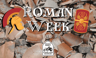 Broken tiles with texts saying "Roman Week at The Farmland Museum"