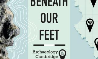 Banner featuring a copper alloy strap slide in the shape of a person's head on the left, the exhibition's title in the centre and a map of Cambridgeshire on the right with pins showing locations of archaeological finds.