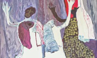 4 figures kneeling before an unidentified presence, their hands raised in the air as a sign of worship