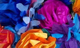 Brightly coloured flowers made from tissue paper.