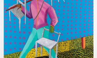 A brightly coloured painting of a tall person dressed in a pink jacket carrying white chairs.