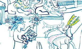 A drawing by Artist Rose Feather showing two deer, two lions, a rabbit and a girl in the foreground holding flowers and a magic wand