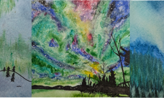 Three watercolours of the Northern Lights, with the lights in blues and greens and black trees sketched in ink in the foreground. 