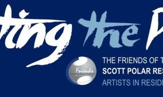 Brushstroke style logo for "Painting the Poles" with "The Friends of the Scott Polar Research Institute Artists in Residence" on dark blue background. 
