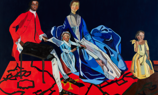 A painting of an eighteenth century family with black man and white woman sitting down and two children stood next to them by Joy Labinjo.