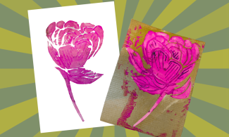 An example of the plant stamps craft, displayed on a light and dark green striped background. On the left, a white sheet of paper features the image of a bright pink pressed flower. A bright pink cardboard stamp is positioned to the top right.
