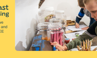 Children work on art at a table surrounded by supplies and jars. On the left is text reading: “Crafting the Past. A Summer of Making. This summer, join us as we explore the forgotten trades and crafts of the past with FREE hands-on workshops.” Below the text, a trail of footprints leads out of the image.