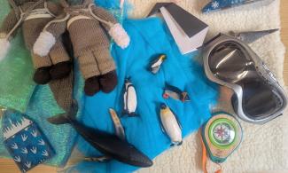 A range of polar themed toys and activities, including knitted polar figures, penguin figurines, snow goggles and a child's compass.
