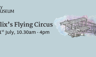 A drawing of an early style biplane on a pale blue coloured background with the words Felix's Flying Circus