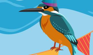 A cartoon of a kingfisher wearing a party hat and sit on some bunting next to a river.