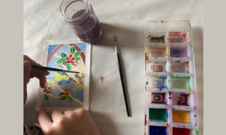 coloured photograph of silk painting equipment