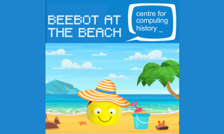 A bee-shaped robot on a cartoon beach, wearing a sun hat.