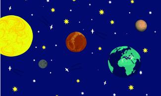 Graphic illustration of the Solar System - including the Sun, Earth, Mars and the Moon.