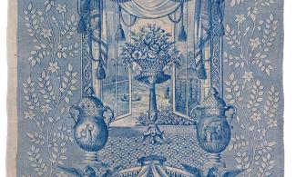 A blue and white illustration of a window overlooking a lake and vase of flowers in its centre.