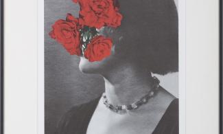 A black and white photograph of a woman with red roses printed on top.