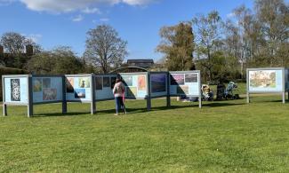 A series of outdoor exhibition panels displaying nature photographs in a green park, with one person reading the displays on a sunny day.