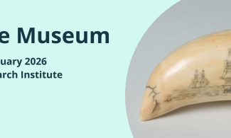 A graphic reading AI in the Museum, Saturday 28 January 2026, Scott Polar Research institute with a photograph of a scrimshaw, an ivory tusk decorated with an illustration of ships at sea.