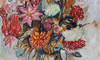 A painting of a bouquet of orange and red flowers.