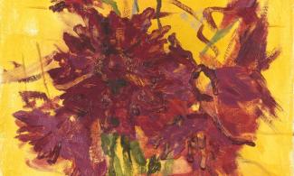 An abstract painting of a bouquet of red flowers on a yellow background.