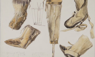 A watercolour of two pairs of boots and one from a pair of knee-high leggings, all of which are made from animal hide, the fur of which is on the outside of some of the items.