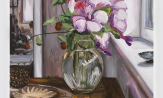 A painting of a bouquet of pink flowers in a vase in the Kettle's Yard house. The vase is next to a window and the sun is shining.