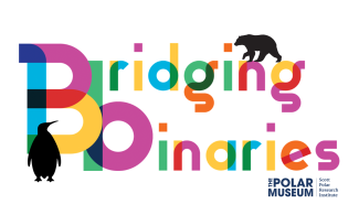 A colourful block text logo with the words: Bridging Binaries. A black penguin and polar bear silhouette on the text.