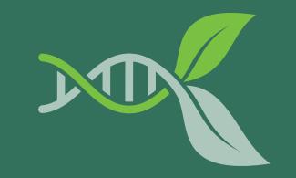 A stylized graphic of a DNA double helix intertwined with two leaves, set against a solid green background.