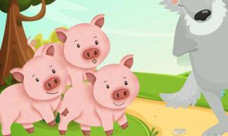 Image shows 3 pink pigs huddled together next to a tall grey wolf