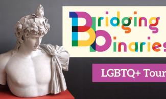 A sculpture of Antinous (a young man), with text "Bridging Binaries LGBTQ+ Tours."
