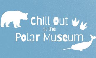 A blue poster with cartoon images of a polar bear, penguin footprints and a narwhal. The white text reads: Chill out at the Polar Museum.